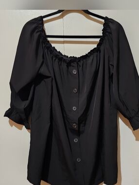 Black Puff-Sleeve Button Front Women's Top
